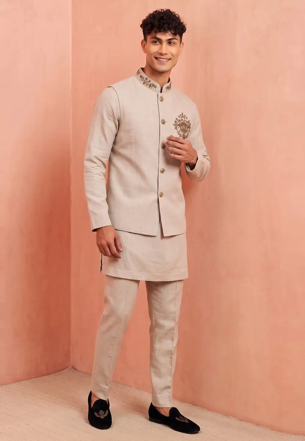 Off White Linen Kurta Pajama With Jacket 333755