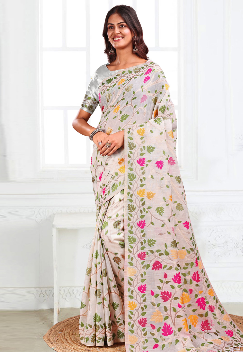 Off White Linen Saree With Blouse 312683