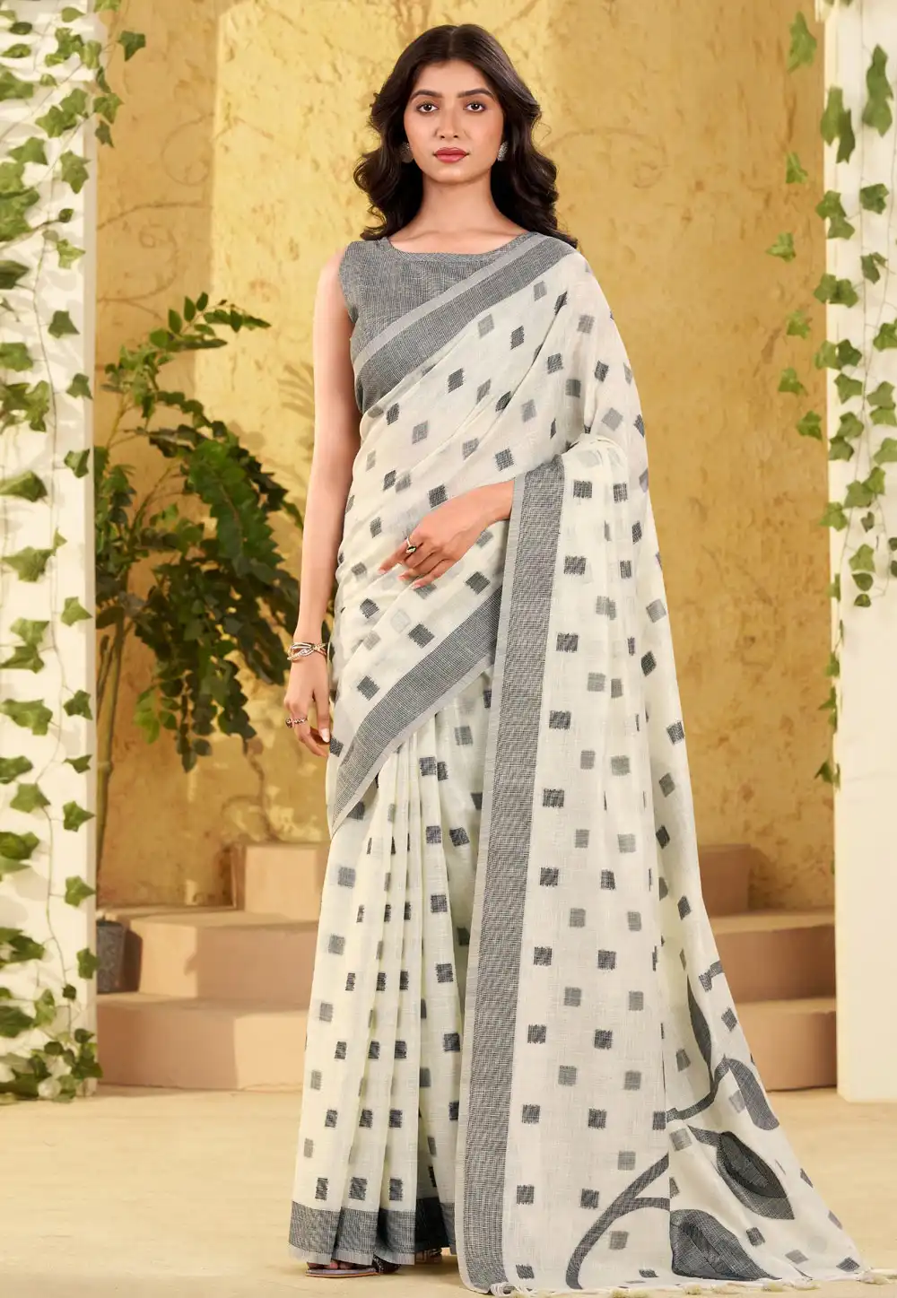 Off White Linen Saree With Blouse 321126