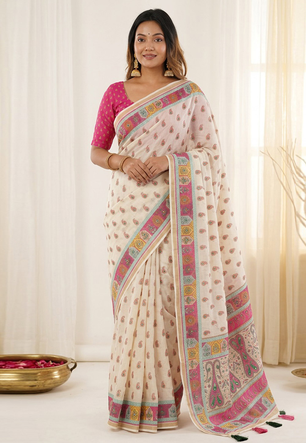 Off White Linen Saree With Blouse 329413