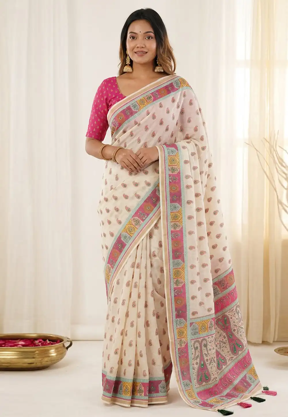 Off White Linen Saree With Blouse 329413