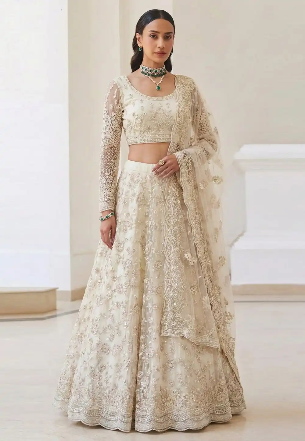 Off White Net A Line Lehenga Choli 322069