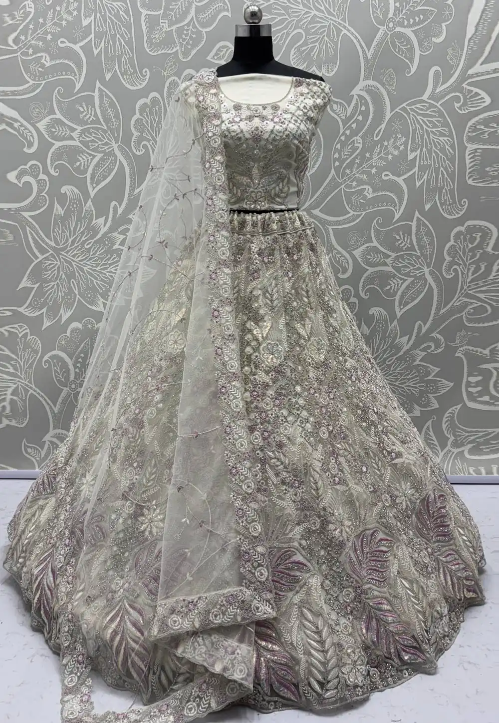 Off White Net Bridal Lehenga Choli 313614
