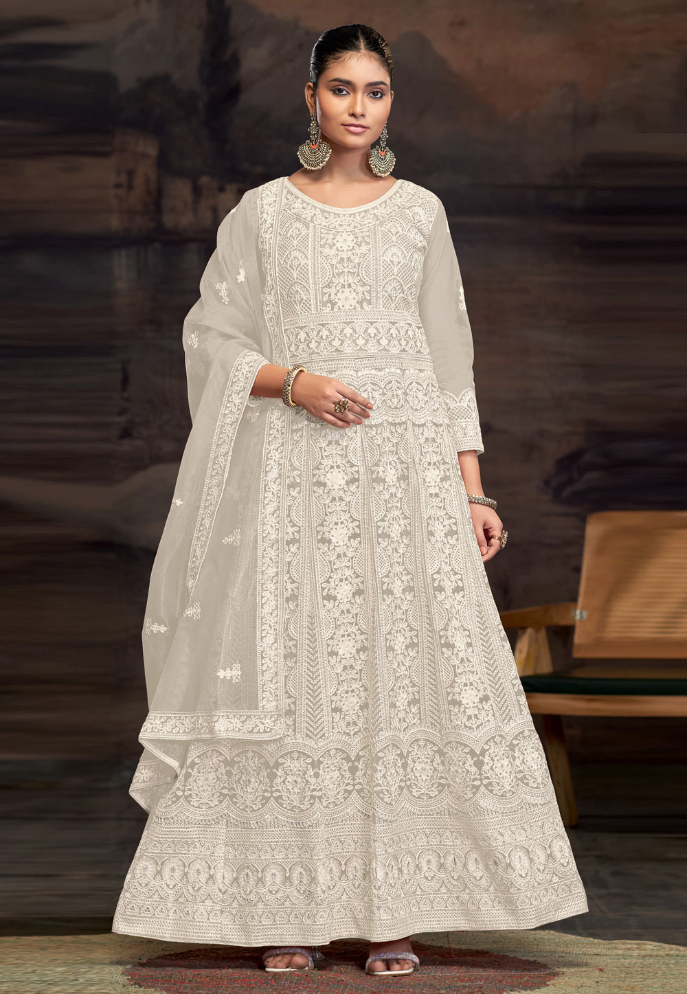 Off White Net Embroidered Anarkali Suit 307871