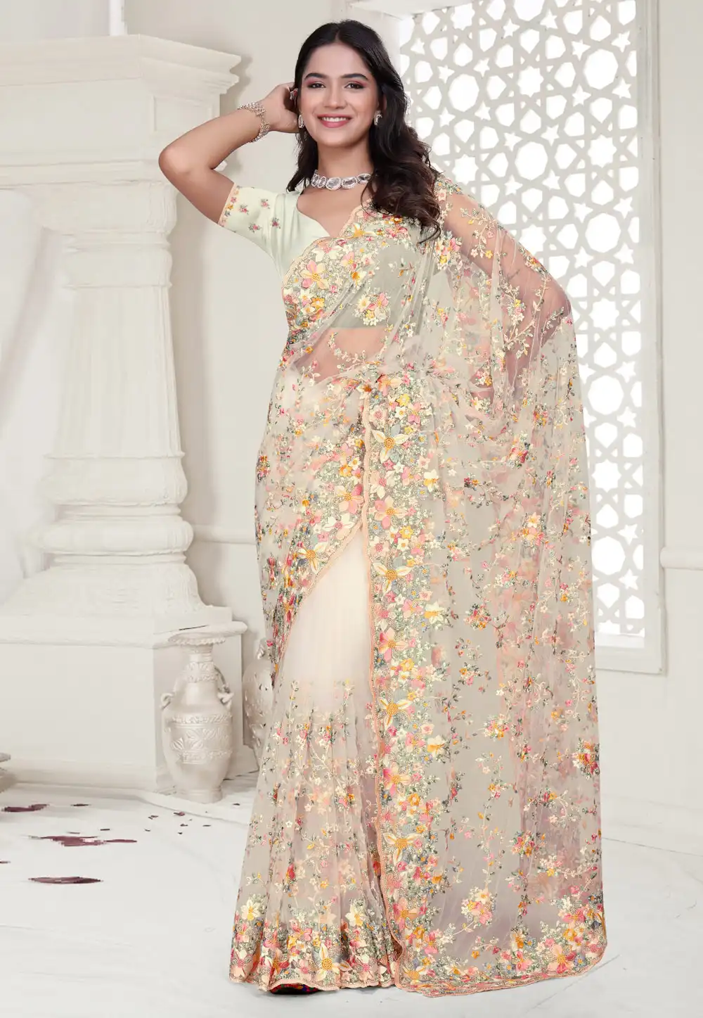 Off White Net Saree With Blouse 313678