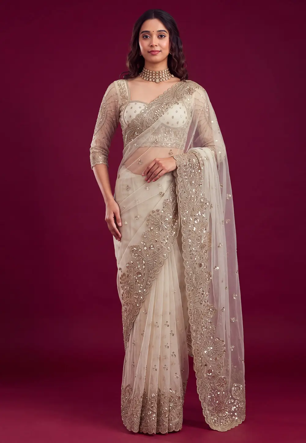Off White Net Saree With Blouse 335330