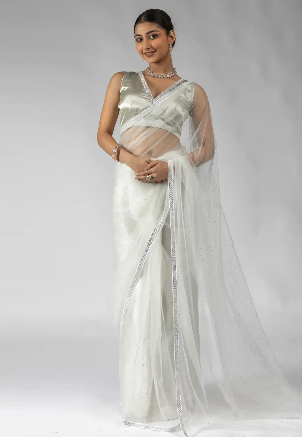Off White Net Saree With Blouse 309353