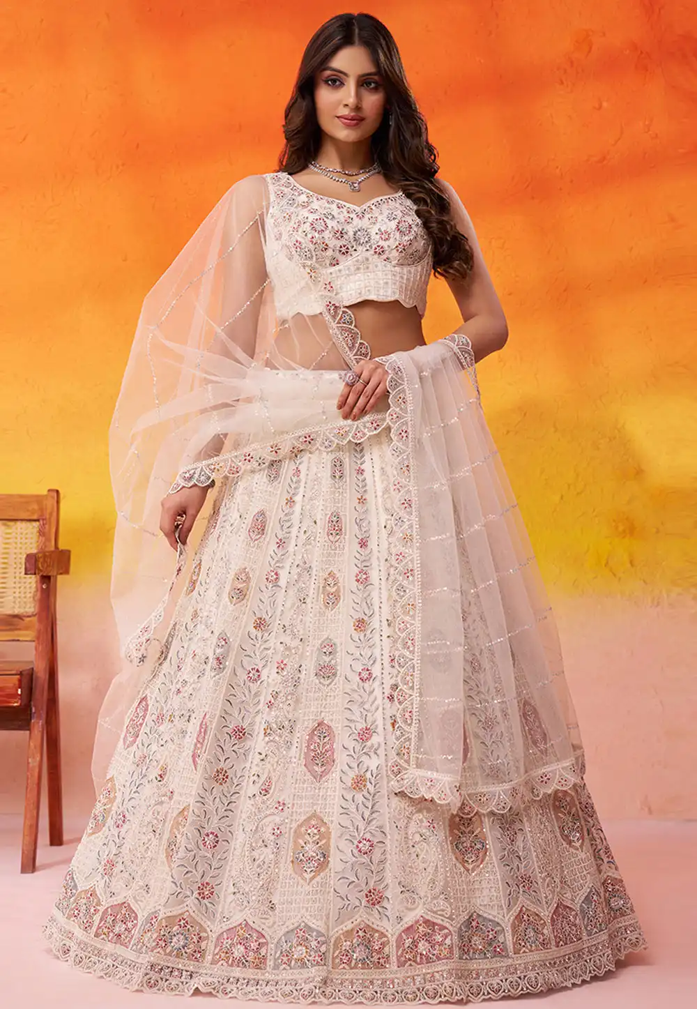 Off White Net Wedding Lehenga Choli 320980