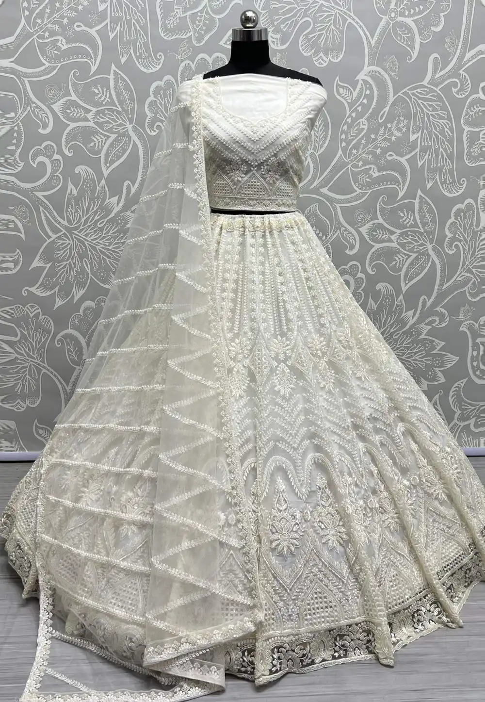 Off White Net Wedding Lehenga Choli 279045