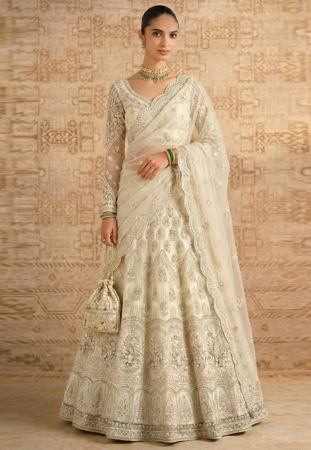 Off White Net Wedding Lehenga Choli 333454