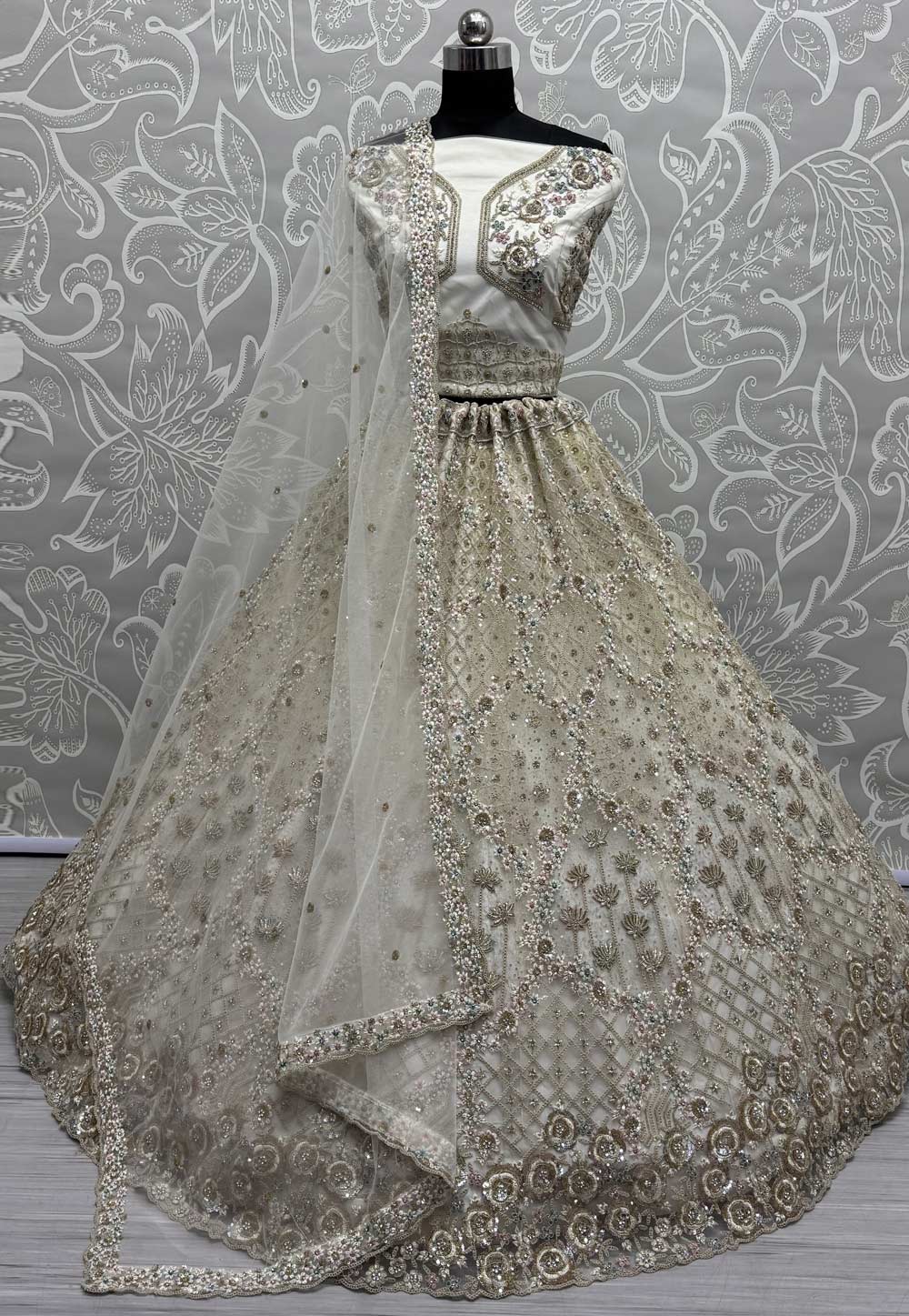 Off White Net Wedding Lehenga Choli 308696