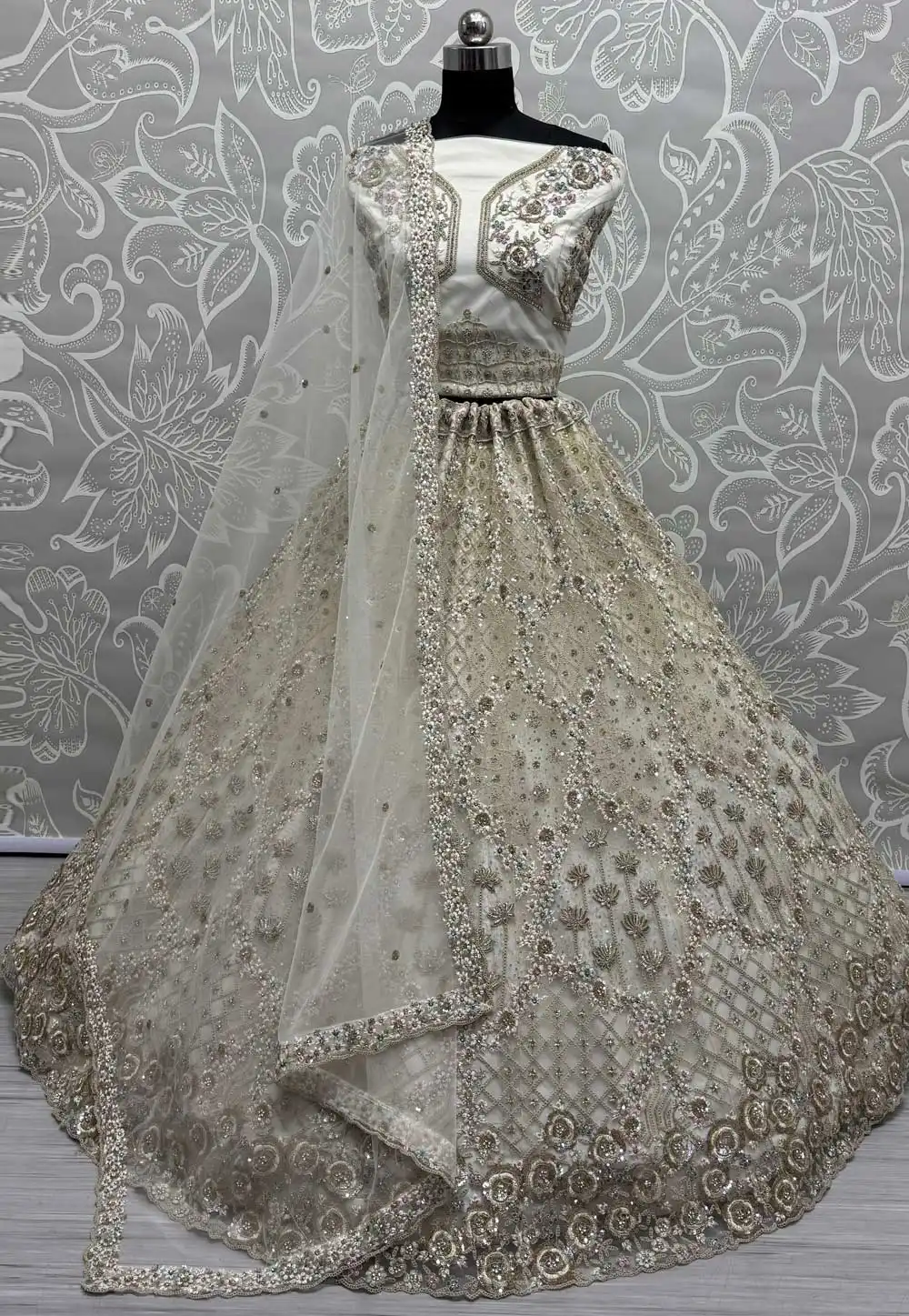 Off White Net Wedding Lehenga Choli 308696