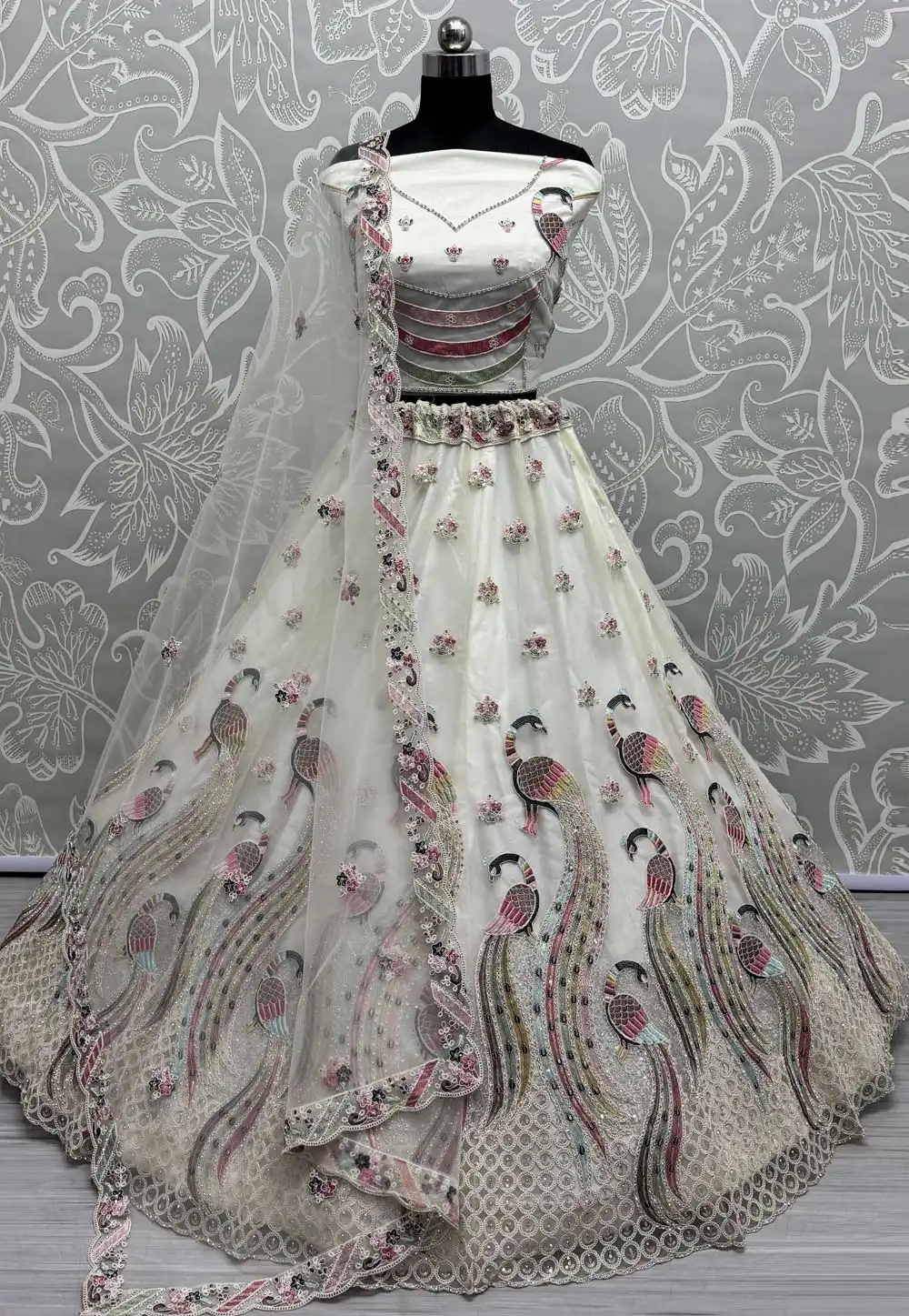Off White Net Wedding Lehenga Choli 309678