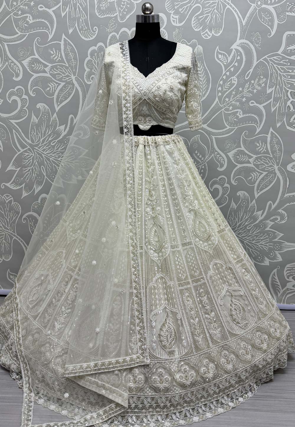 Off White Net Wedding Lehenga Choli 310327