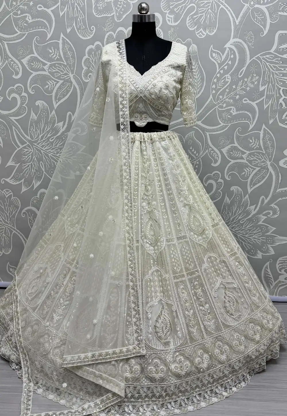 Off White Net Wedding Lehenga Choli 310327