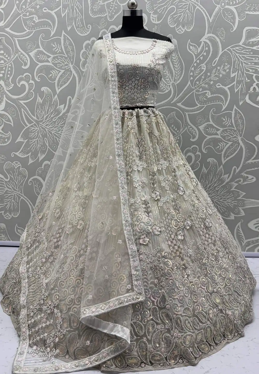 Off White Net Wedding Lehenga Choli 317067