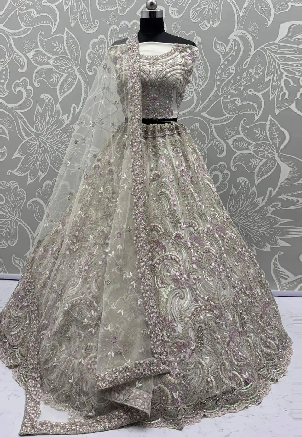 Off White Net Wedding Lehenga Choli 317076