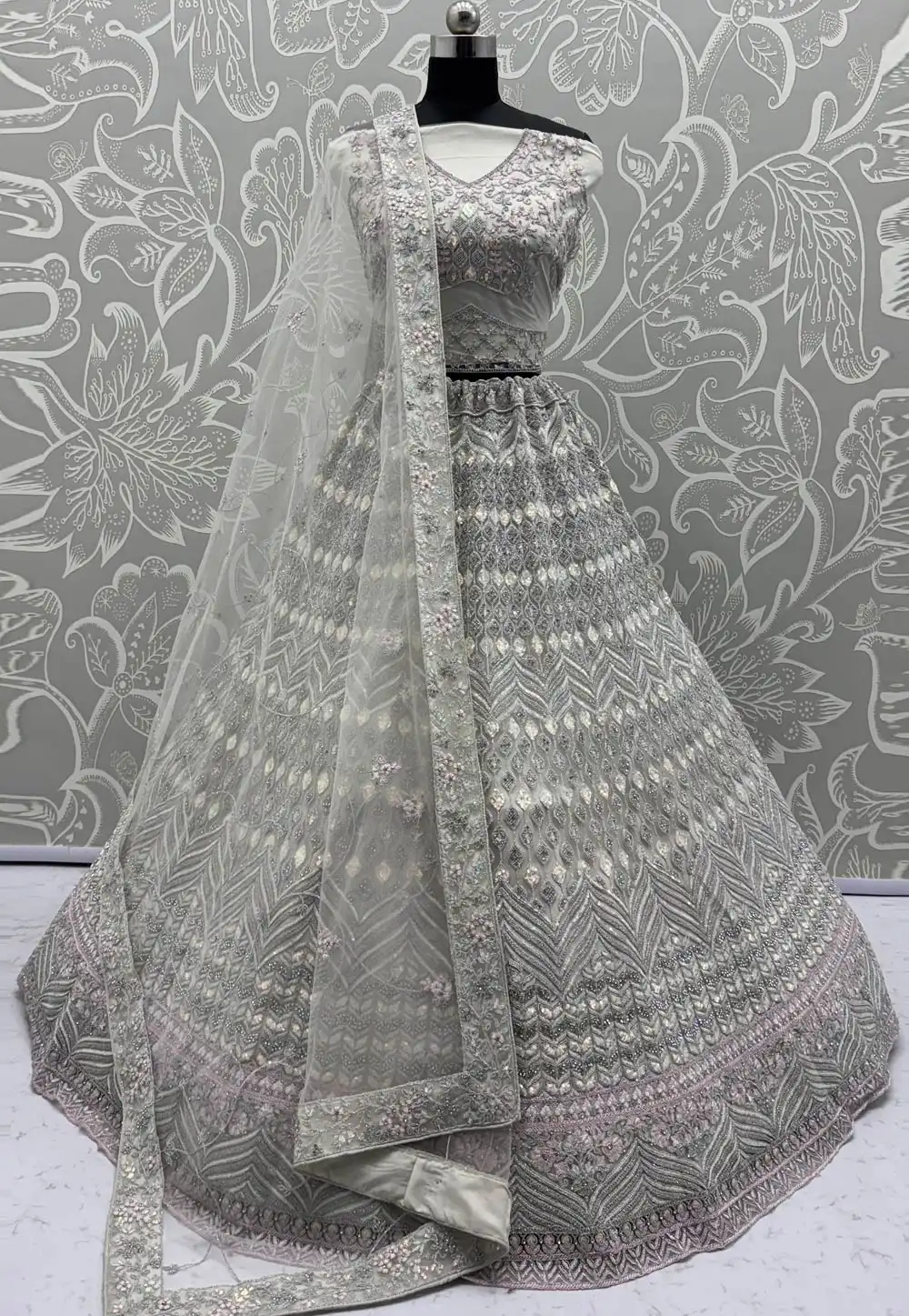 Off White Net Wedding Lehenga Choli 317491