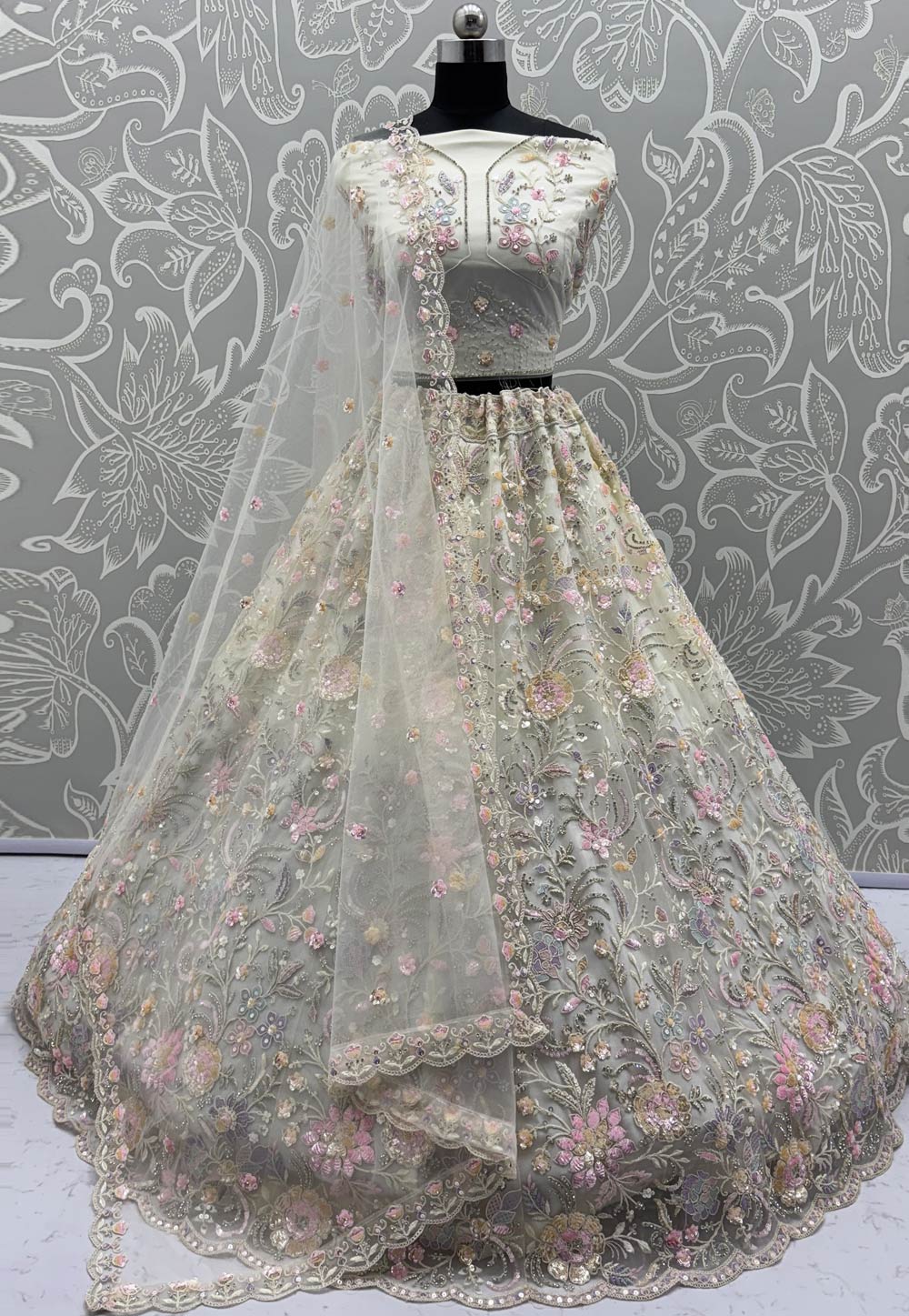 Off White Net Wedding Lehenga Choli 318252