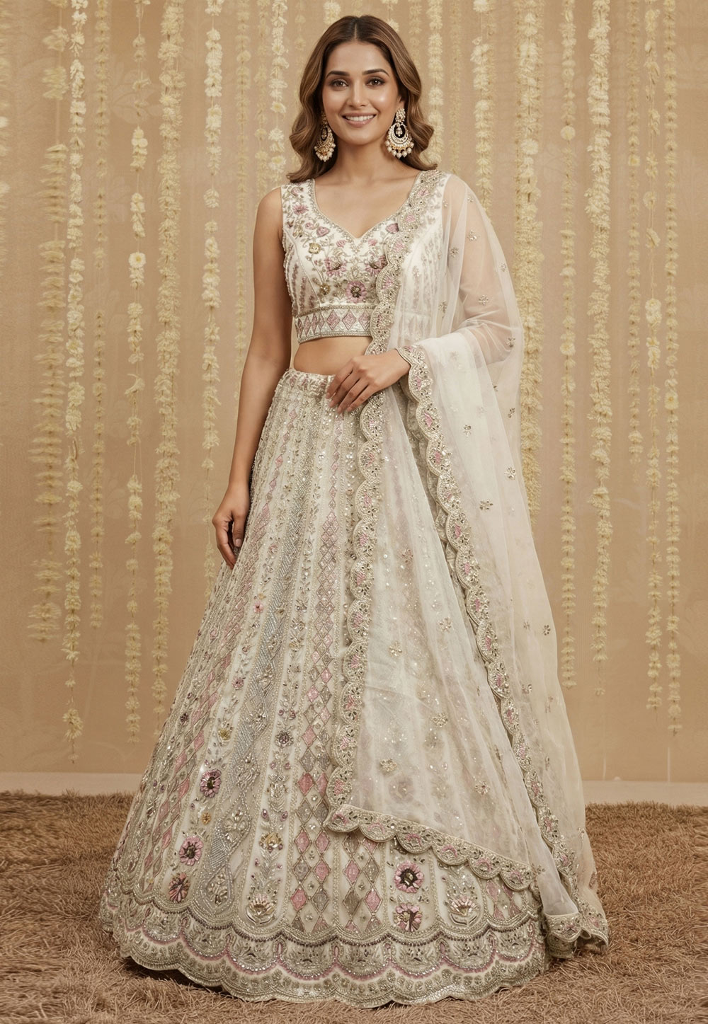 Off White Net Wedding Lehenga Choli 323359