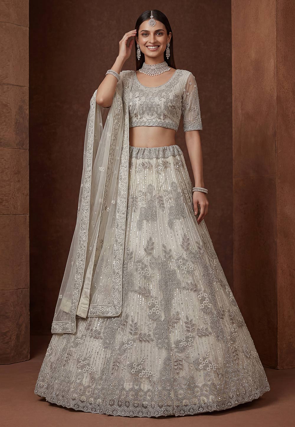 Off White Net Wedding Lehenga Choli 328229