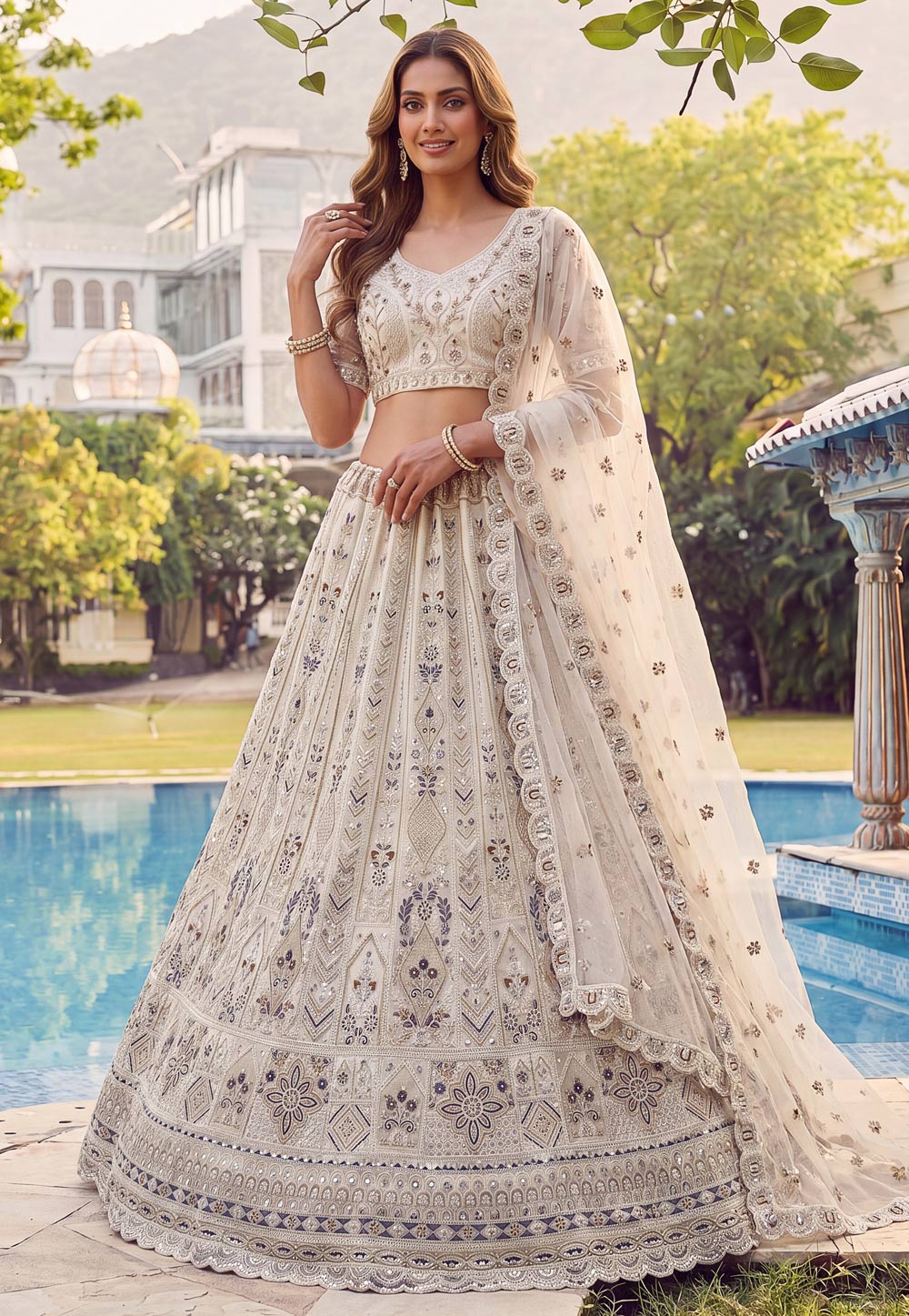 Off White Net Wedding Lehenga Choli 329123