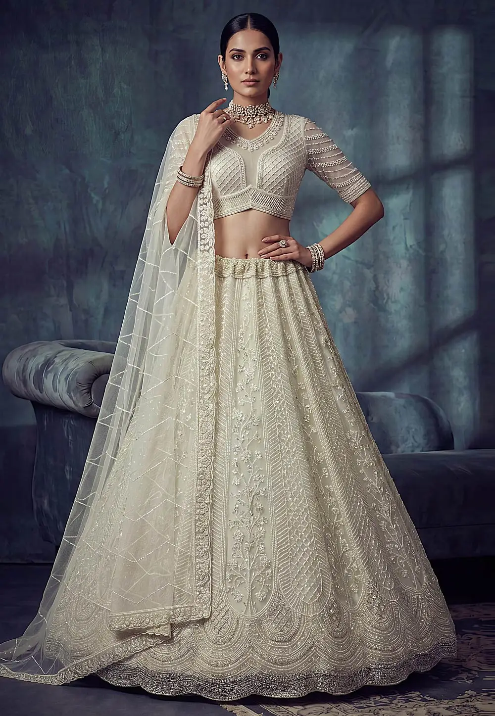 Off White Net Wedding Lehenga Choli 331190