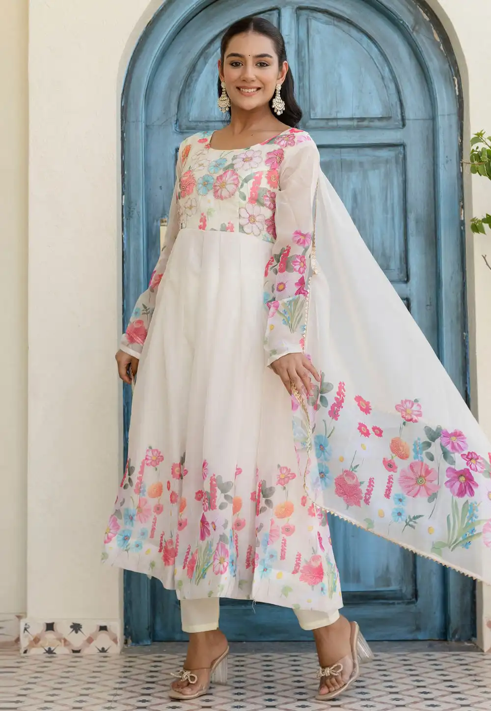 Off White Organza Readymade Anarkali Suit 313366