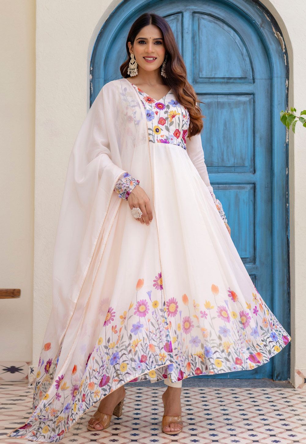 Off White Organza Readymade Anarkali Suit 323448