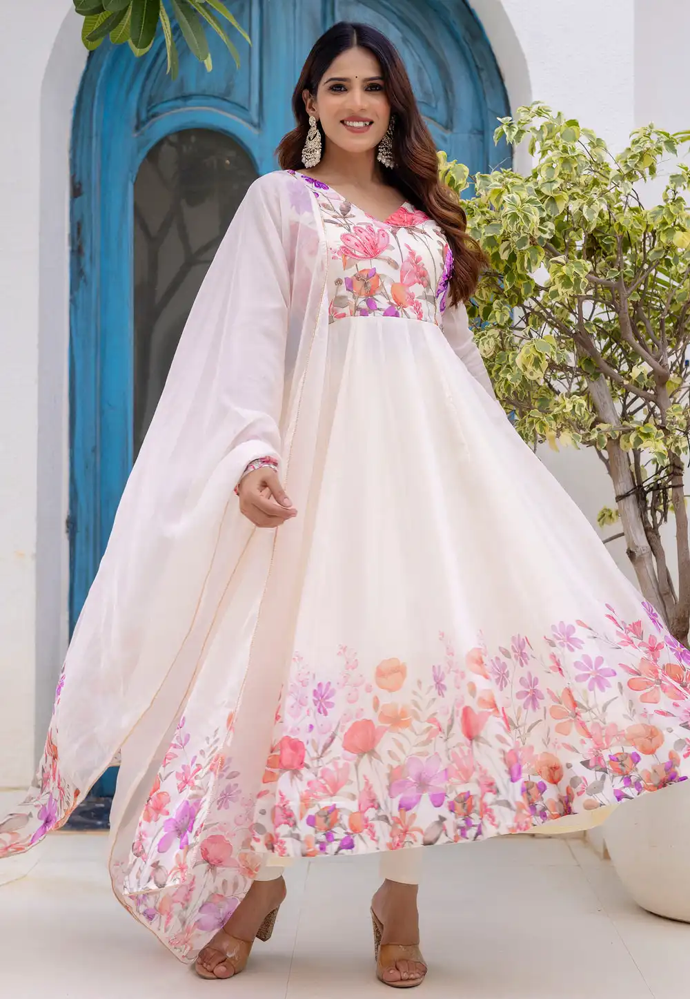 Off White Organza Readymade Anarkali Suit 323450
