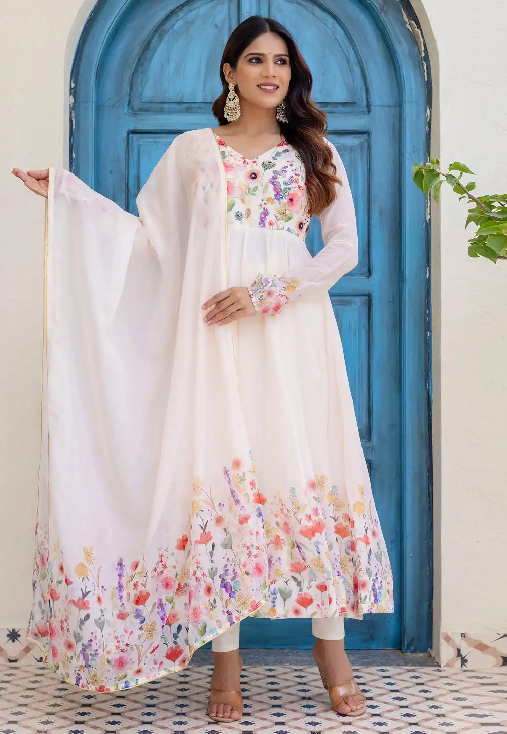 Off White Organza Readymade Anarkali Suit 323452
