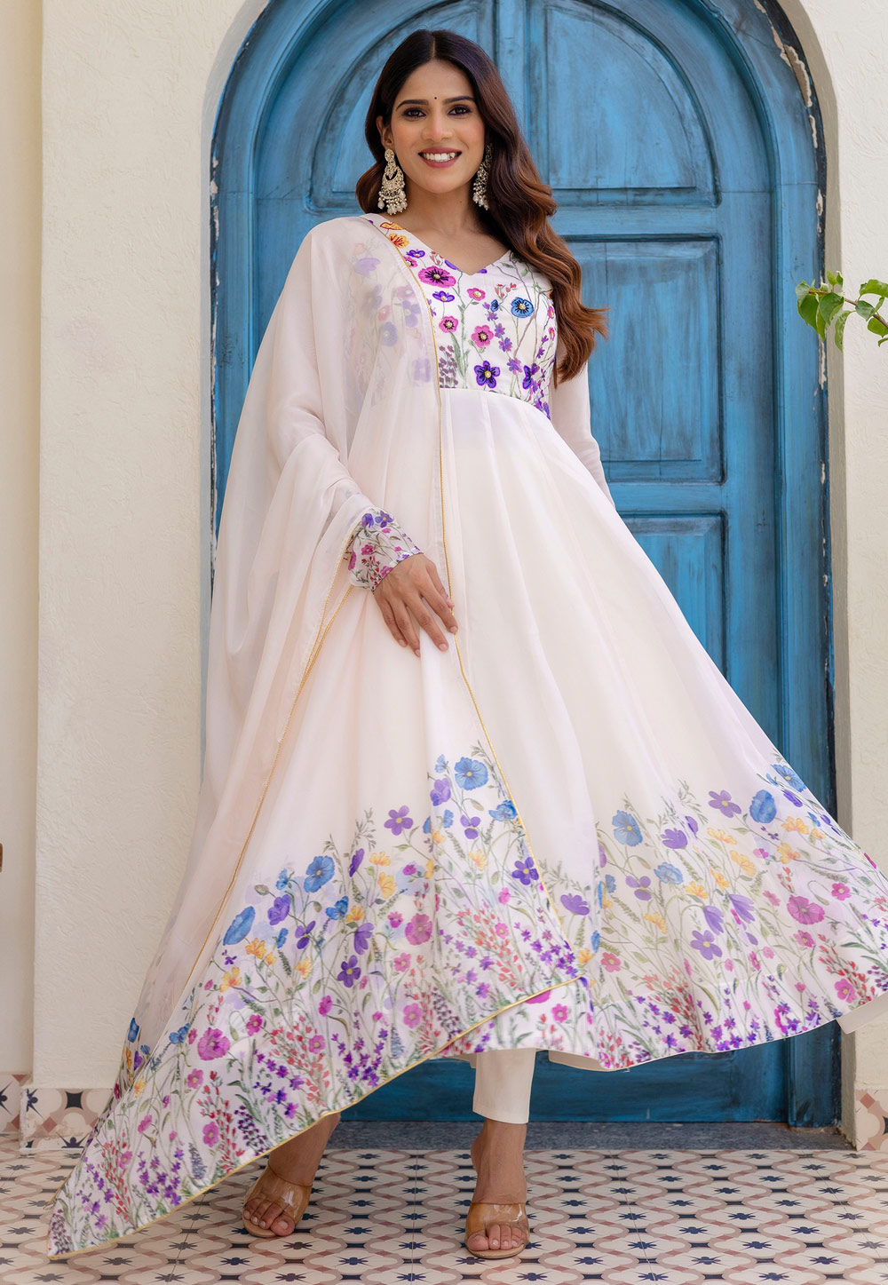Off White Organza Readymade Long Anarkali Suit 323449