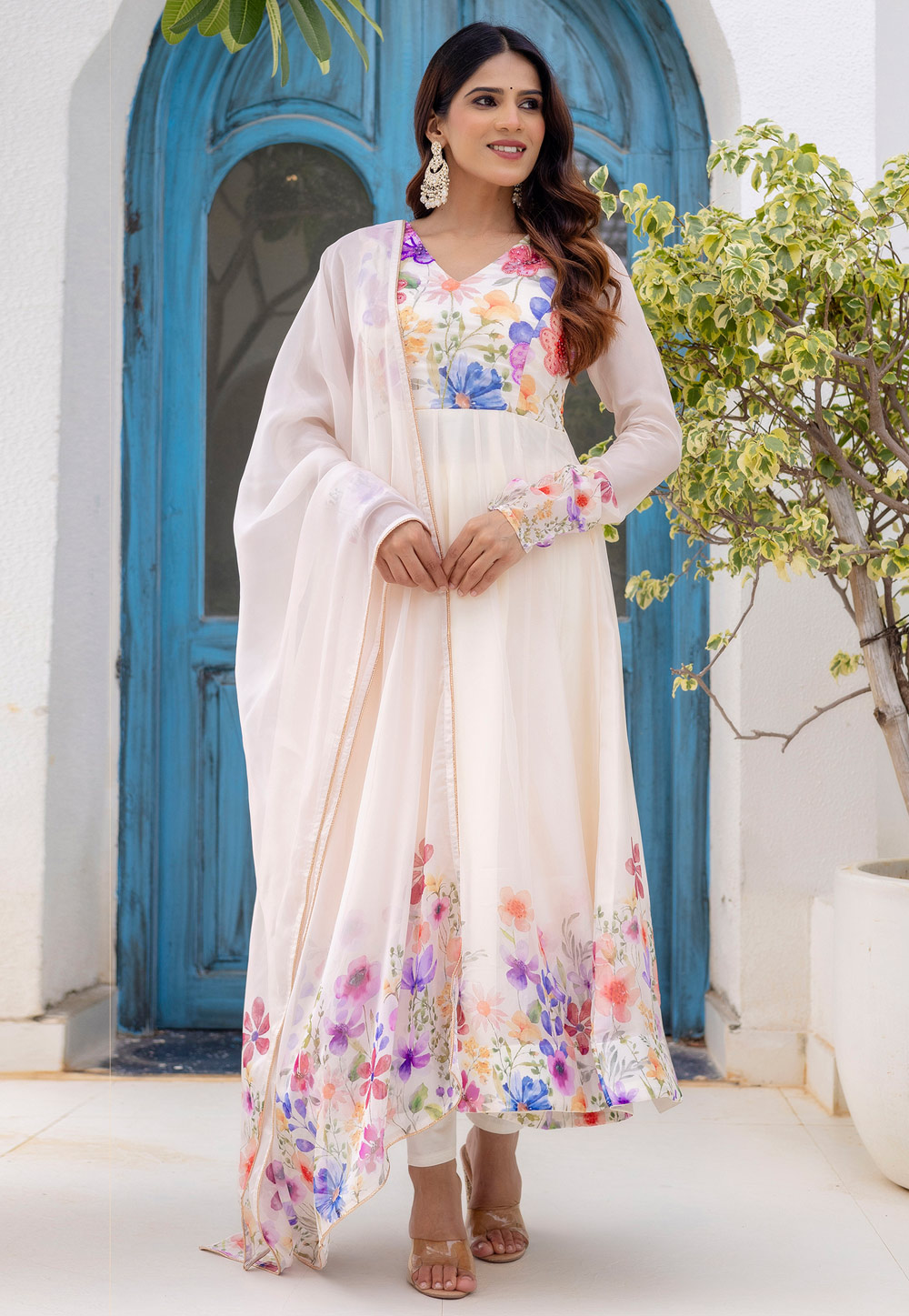 Off White Organza Readymade Long Anarkali Suit 323451