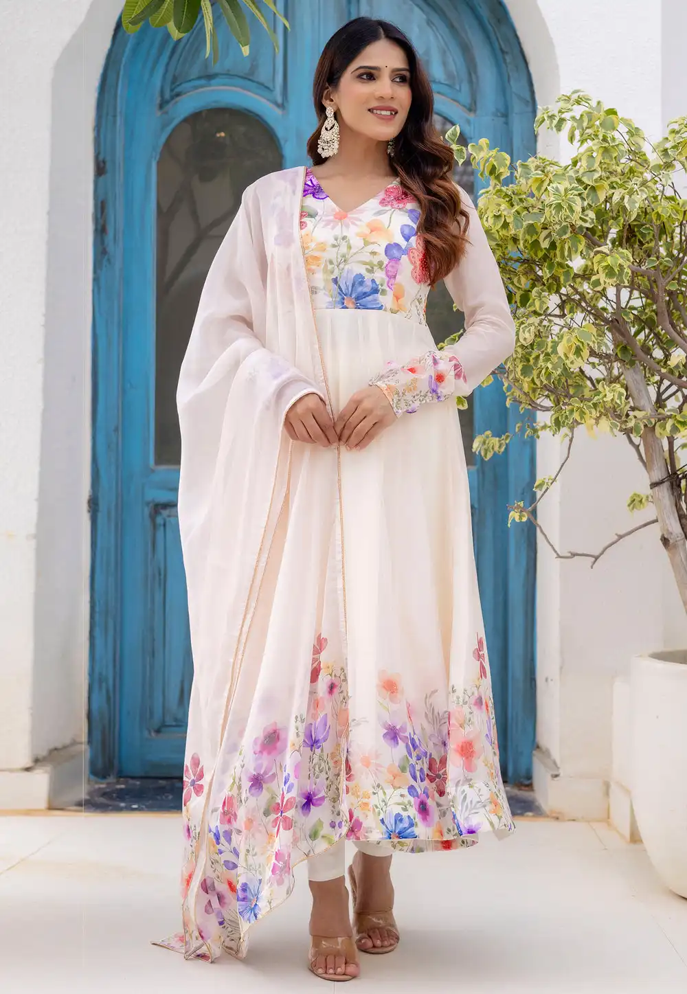 Off White Organza Readymade Long Anarkali Suit 323451