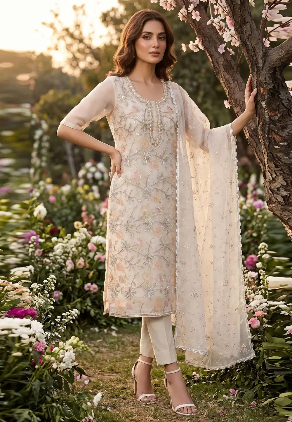 Off White Organza Straight Suit 329270