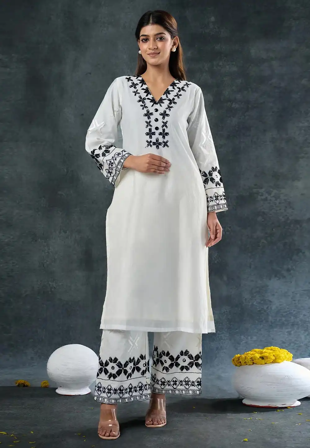 Off White Rayon Kurta Set With Palazzo 310044