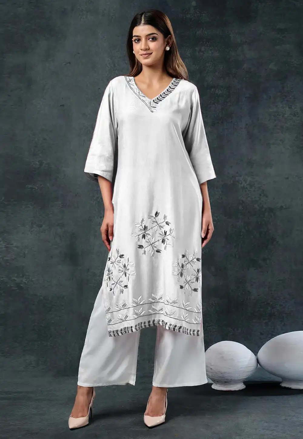 Off White Rayon Kurta Set With Palazzo 310048