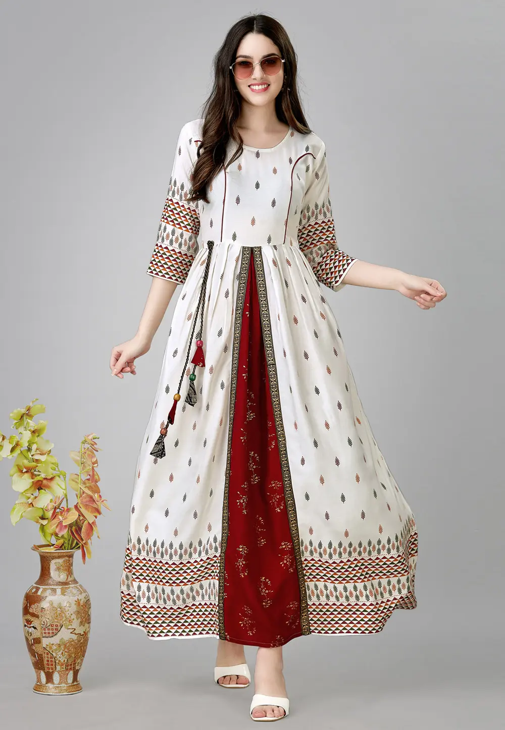 Off White Rayon Long Kurti 298445