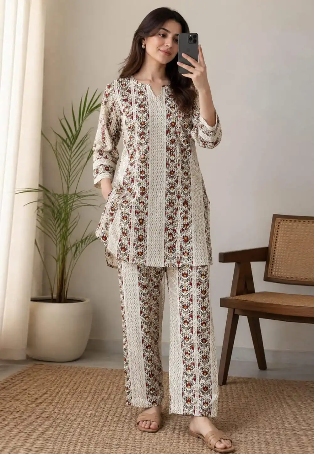 Off White Rayon Printed Co-Ords Set 330608