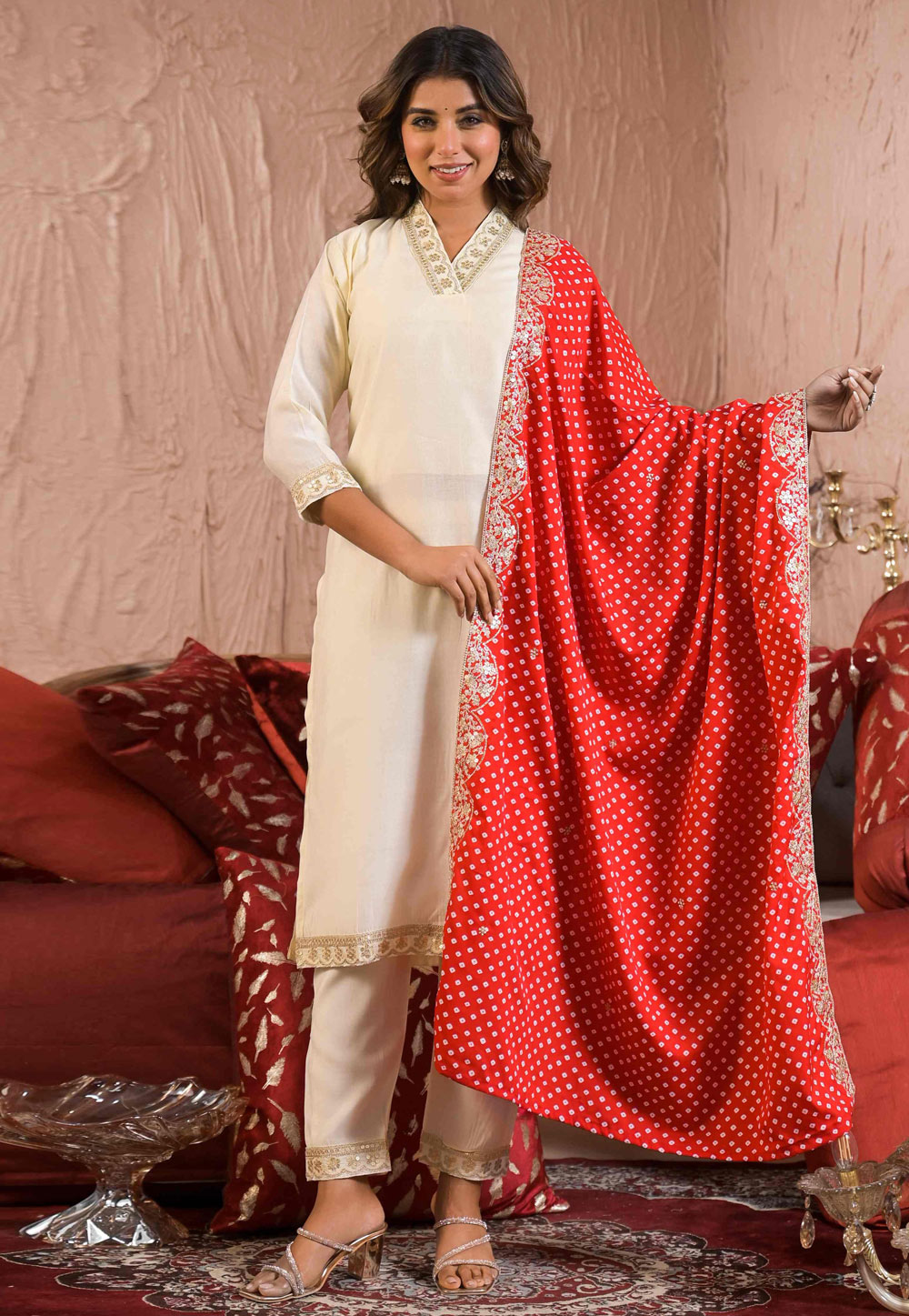 Off White Rayon Readymade Pant Style Suit 308796