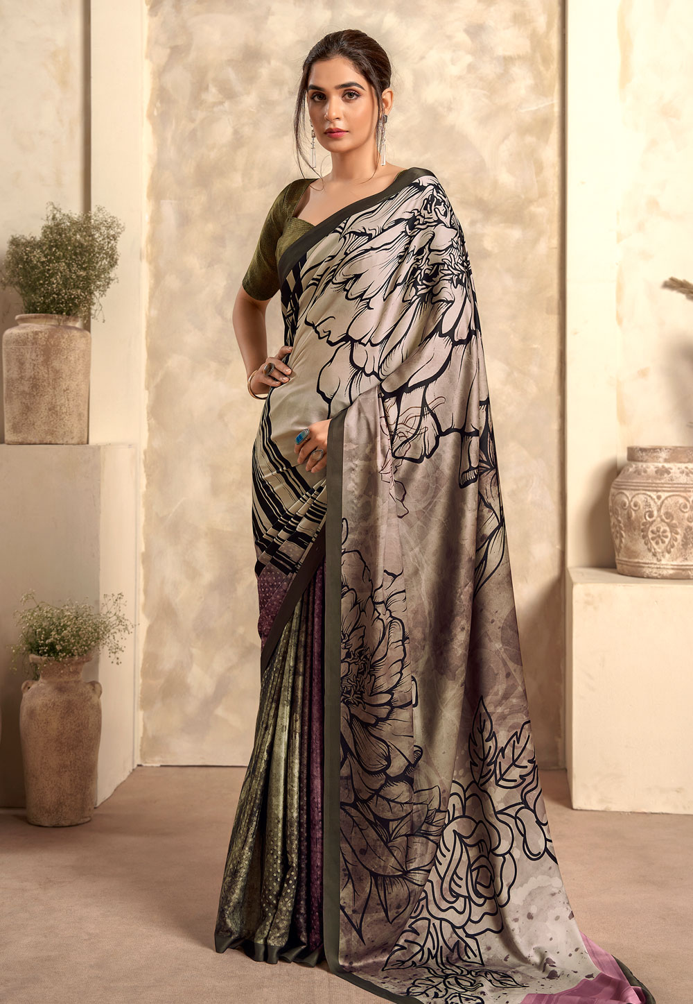 Off White Satin Silk Saree With Blouse 278457
