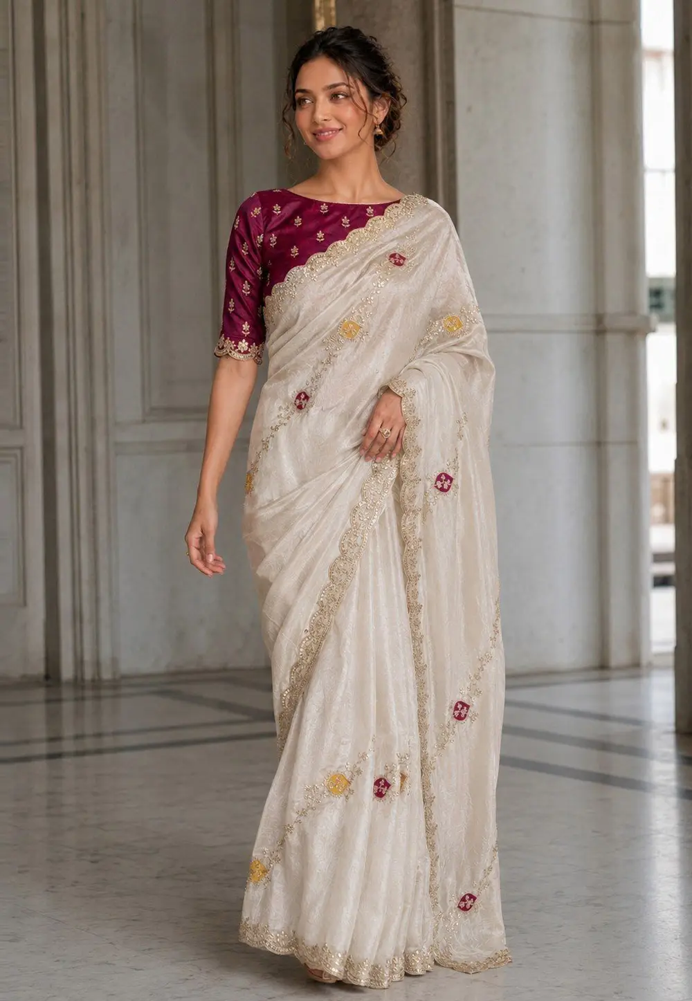 Off White Satin Silk Saree With Blouse 335204