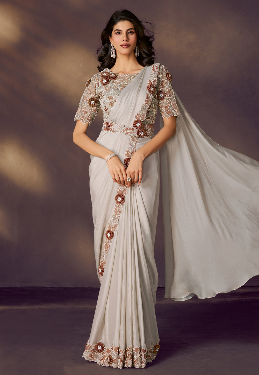 Off White Satin Silk Saree With Blouse 318946