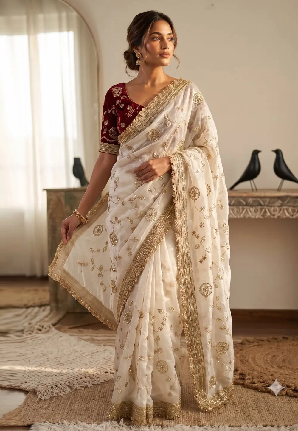 Off White Satin Silk Saree With Blouse 333651