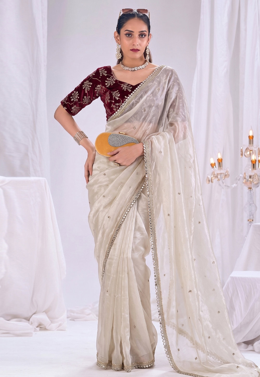 Off White Satin Silk Saree With Blouse 330038