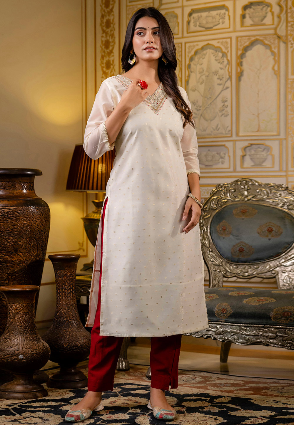 Off White Shimmer Long Kurti 318417