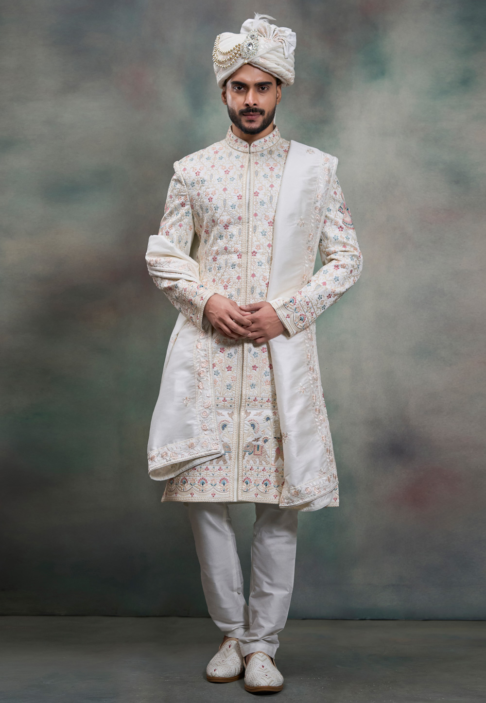 Off White Silk Achkan Style Sherwani 322496