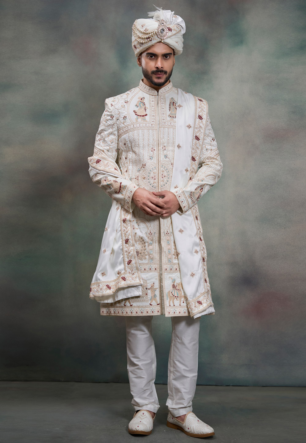 Off White Silk Achkan Style Sherwani 322502