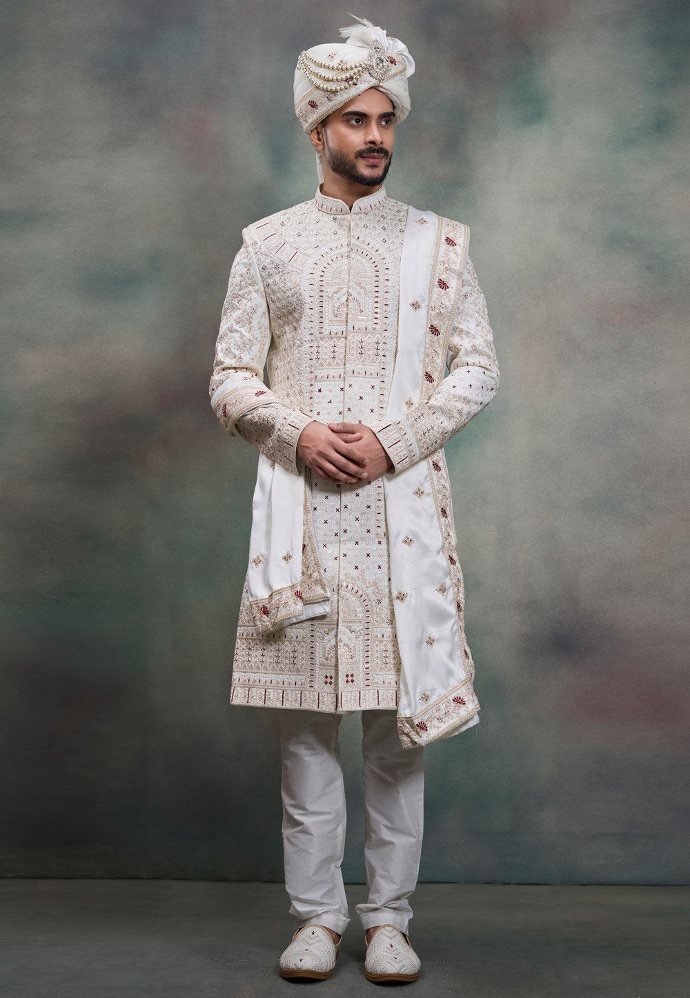 Off White Silk Achkan Style Sherwani 322510