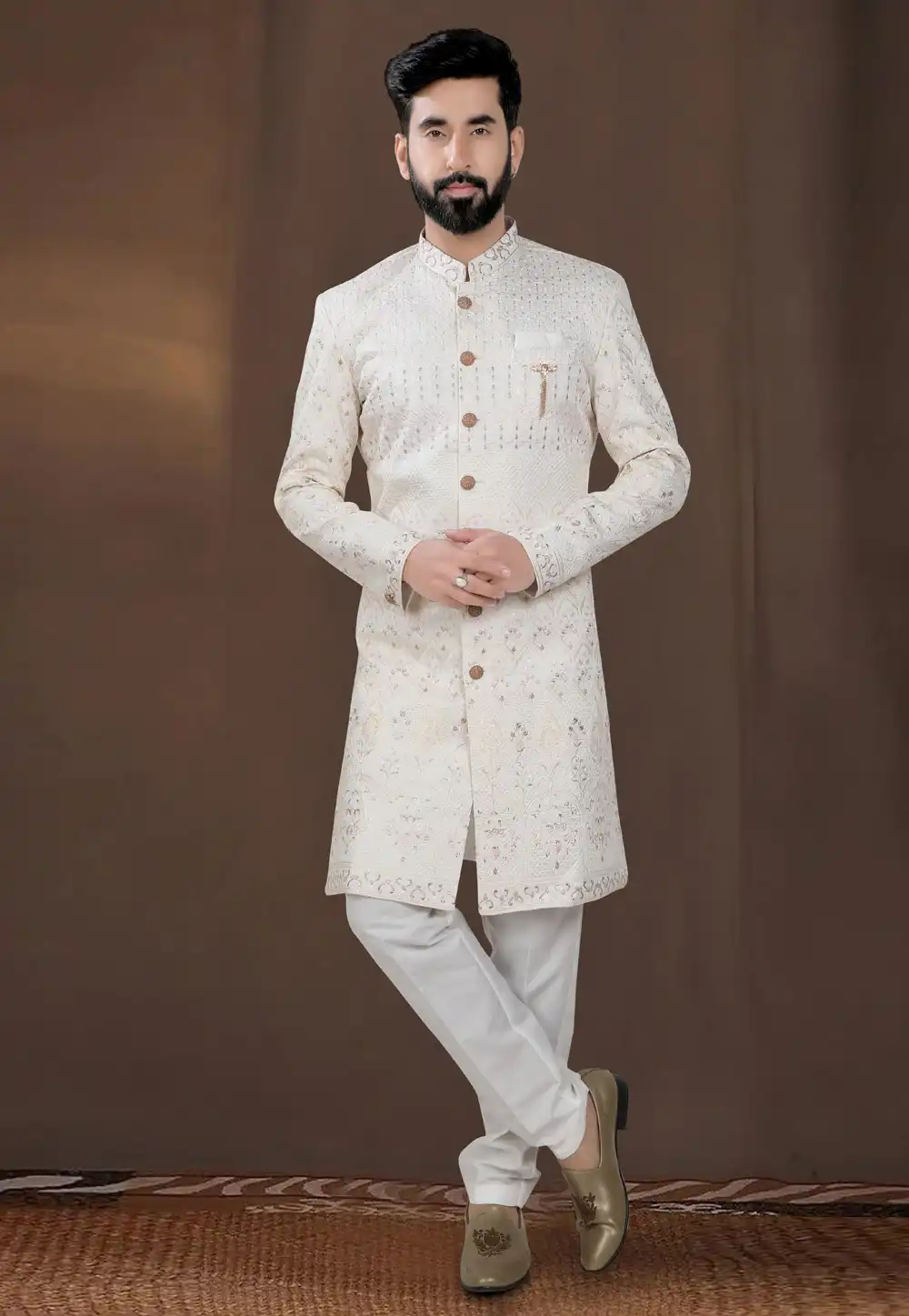 Off White Silk Indo Western Sherwani 312812